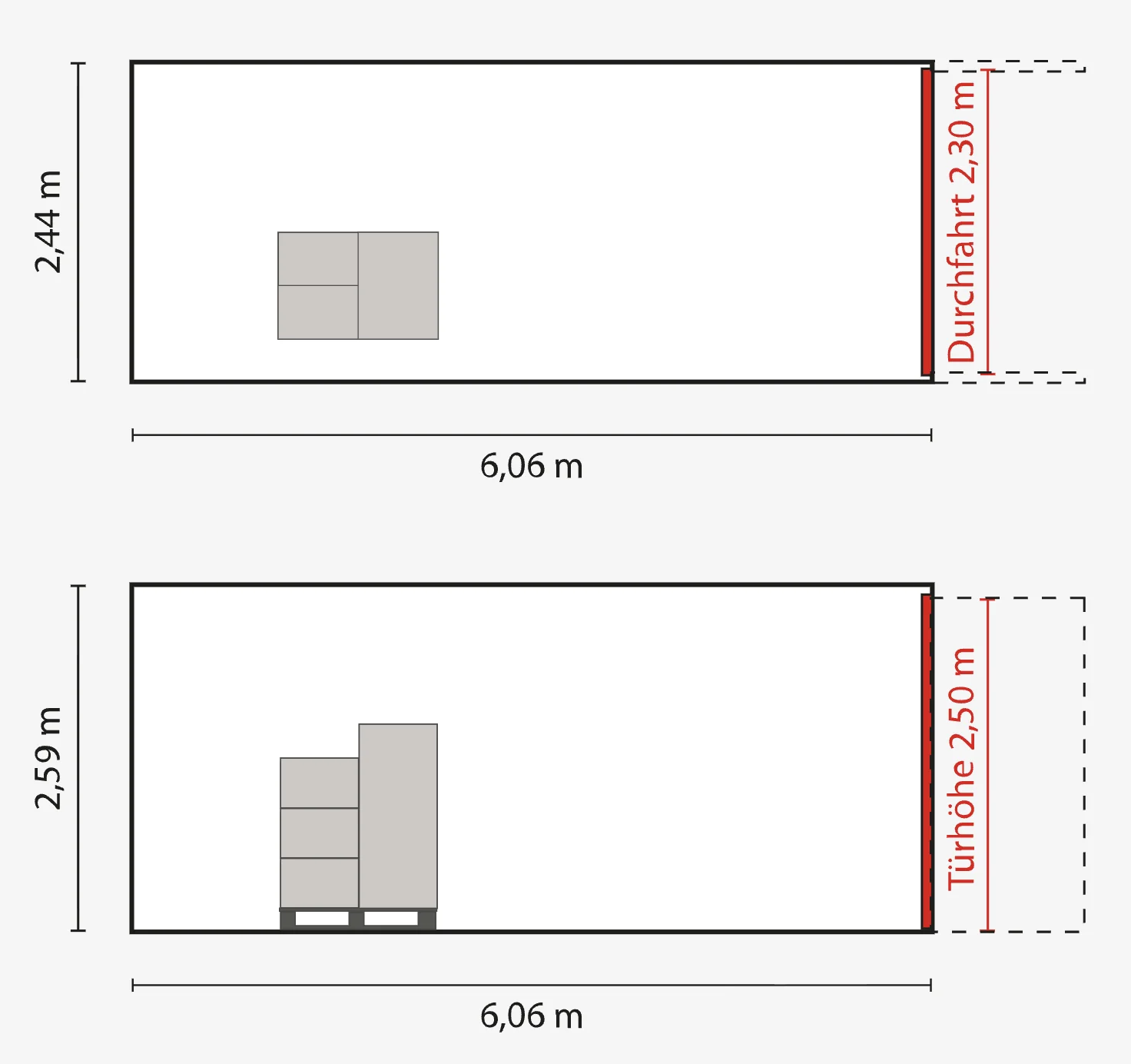 Container 20 Fuß: ca. 6,06 m Tiefe, 2,44 m Breite, Höhe ca. 2,59 m