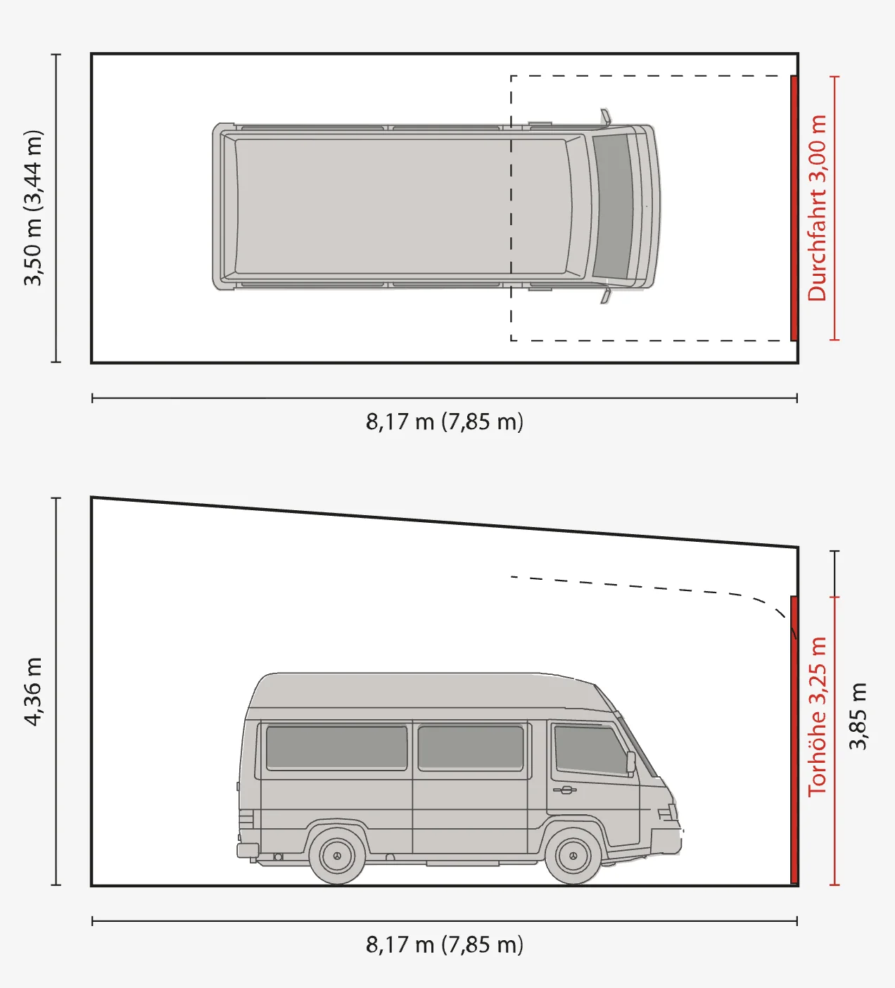 Maßskizze Garage Typ L: ca. 8,17 m Tiefe, 3,50 m Breite, Torhöhe ca. 3,25 m
